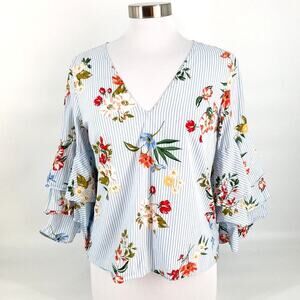 St Tropez Cotton V-neck Floral Tiered Ruffle Sleeve Blouse Shirt Size M